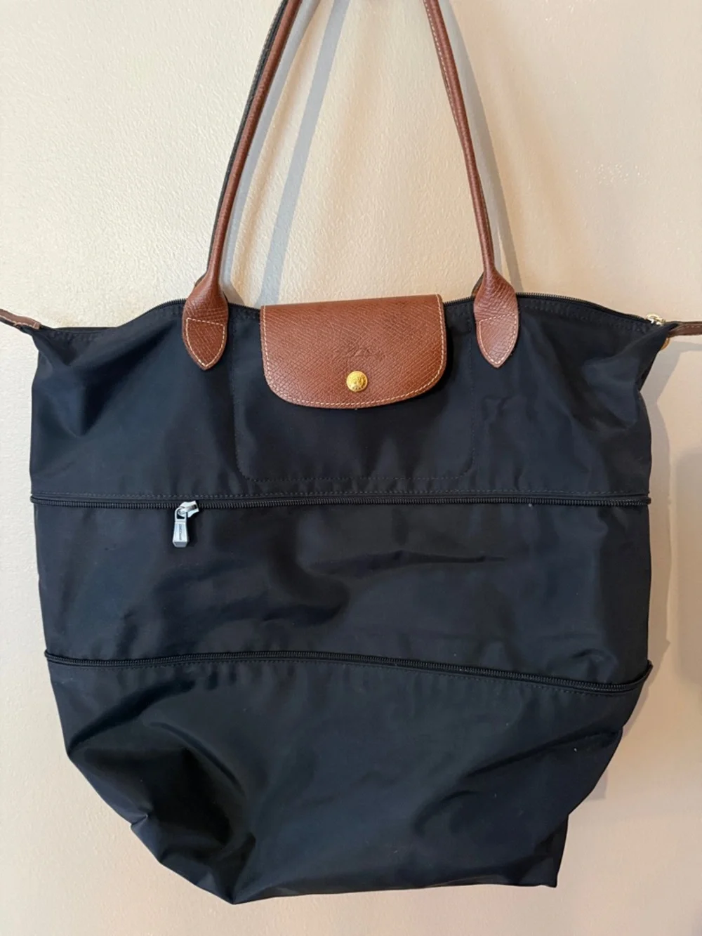 Longchamp Black Nylon Tote with Brown Leather Trim - Picture 1 of 1